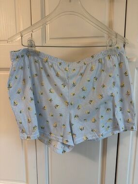 Laura Ashley Pale Blue Striped Pajama Shorts Cotton with Yellow Lemon Print